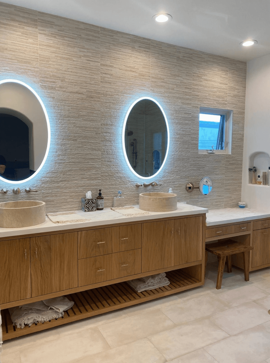Oak vanity with backlit mirrors in Redondo Beach