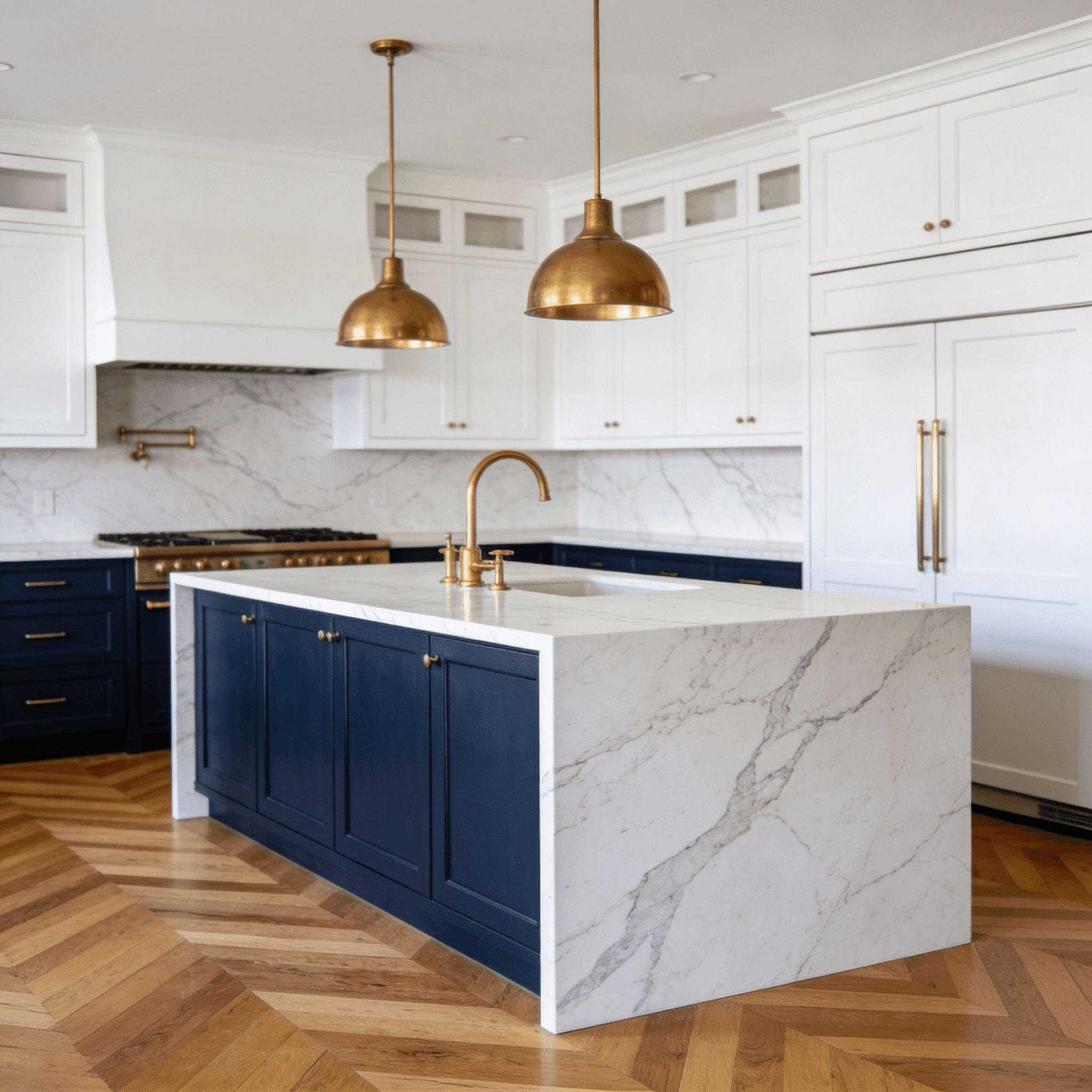 Two-tone kitchen with brass pendants