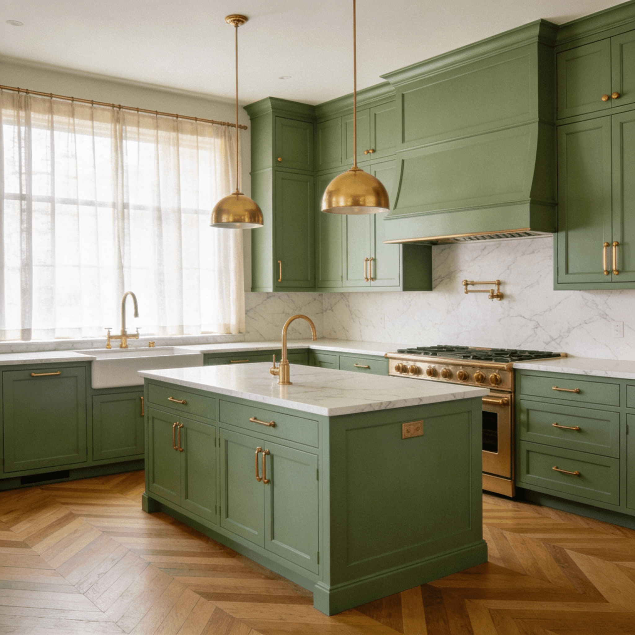 Sage green kitchen remodel with herringbone backsplash in Culver City