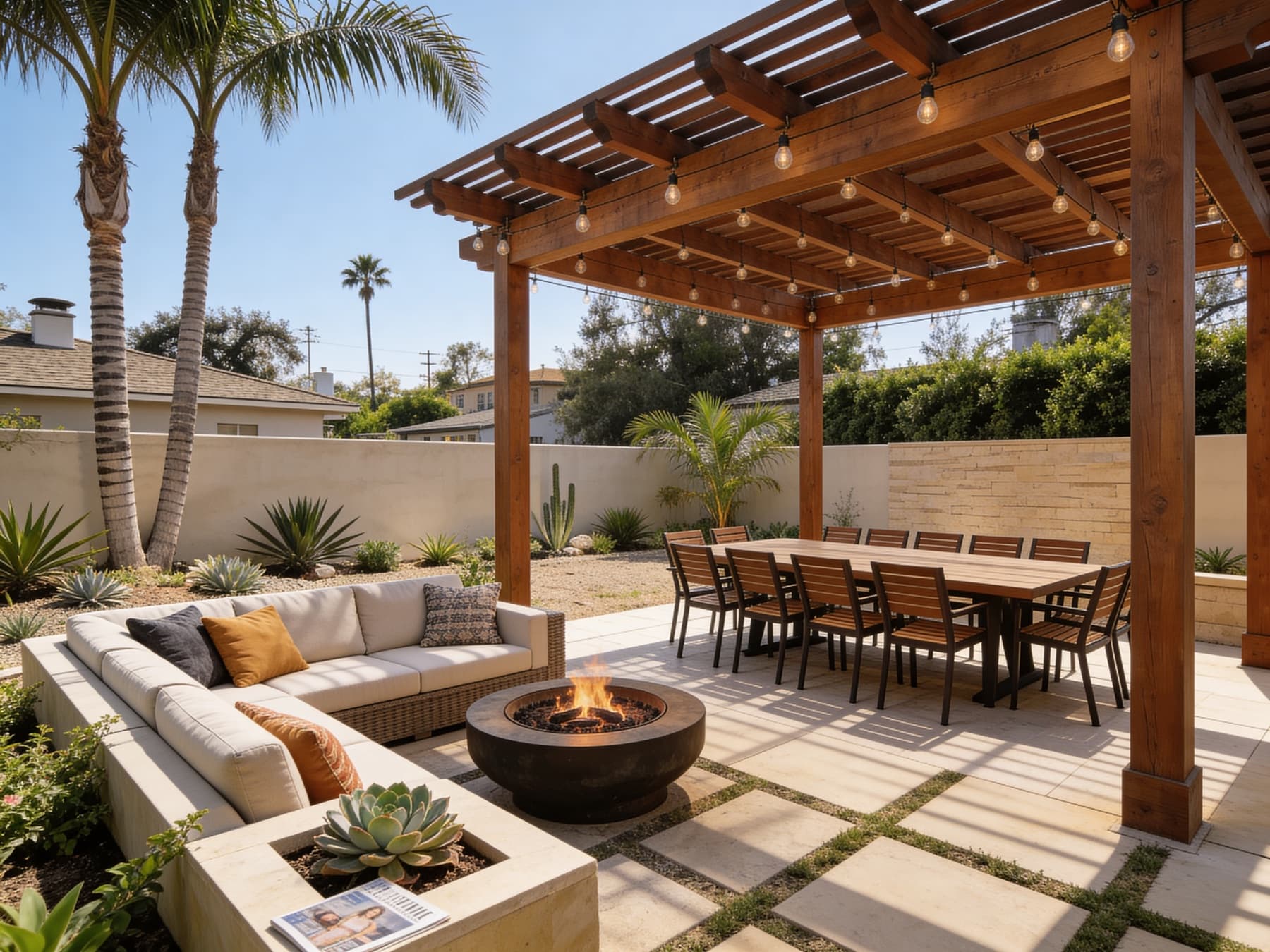 Daytime view of cedar pergola and paver patio